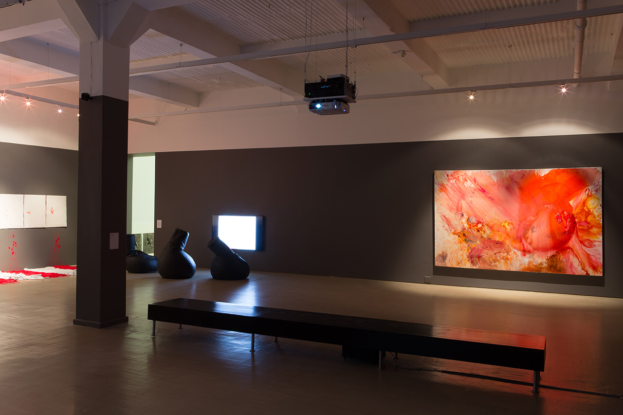 Installation view with works by Buhlebezwe Siwani, Akram Zaatari and Penny Siopis, Stevenson, Cape Town