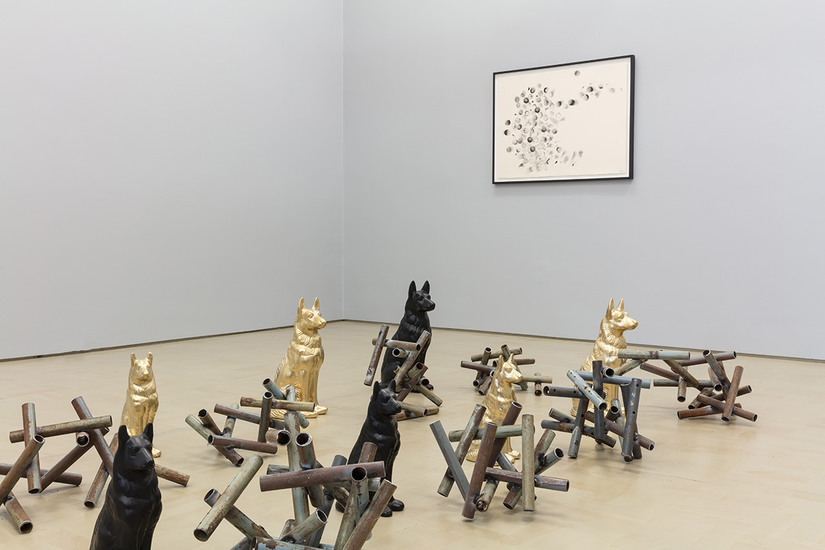 Installation view with Detention 1 (foreground) and Meteor Shower 5