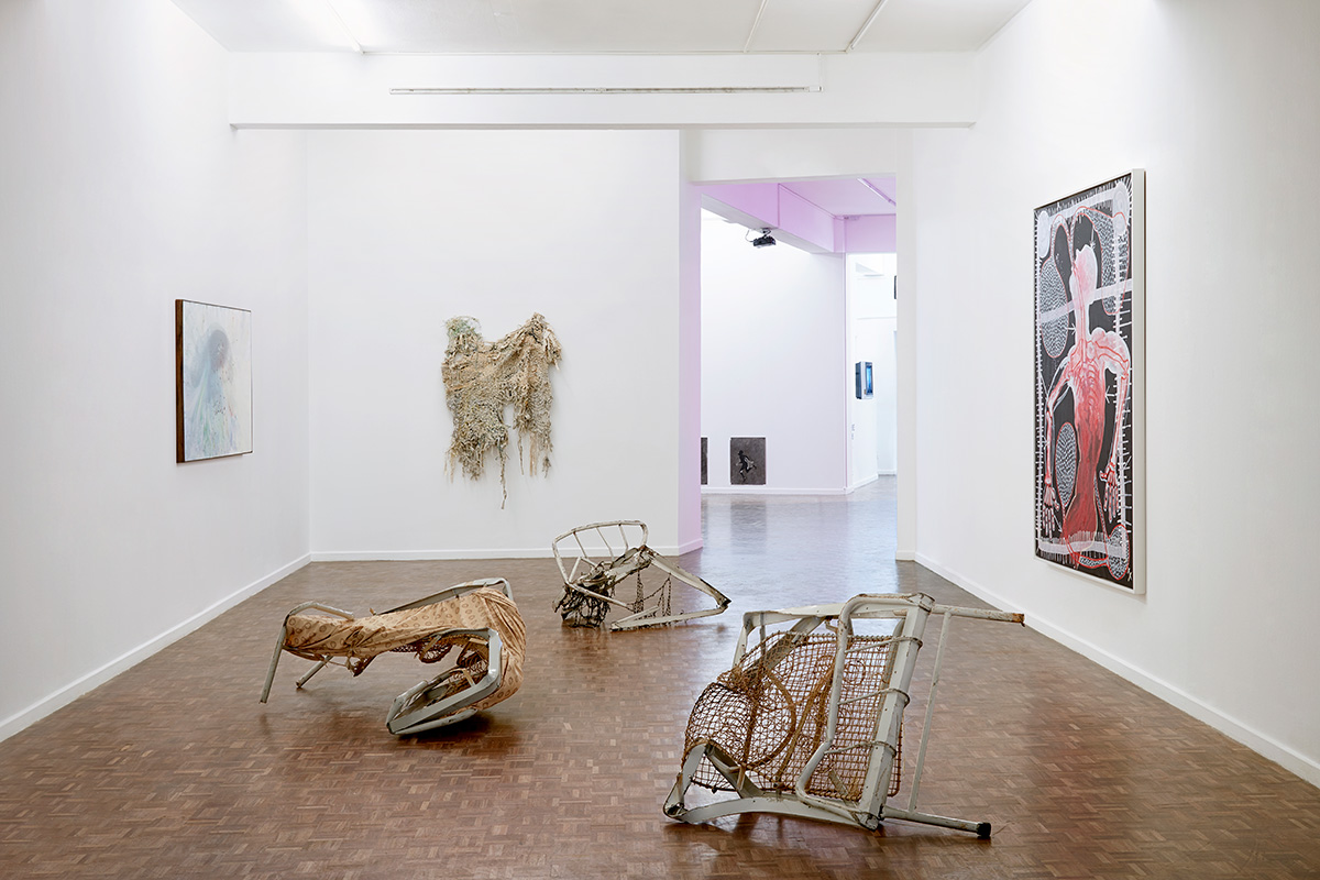 Installation view with works by Penny Siopis, Turiya Magadlela, Igshaan Adams and Barthélémy Toguo, Stevenson, Johannesburg