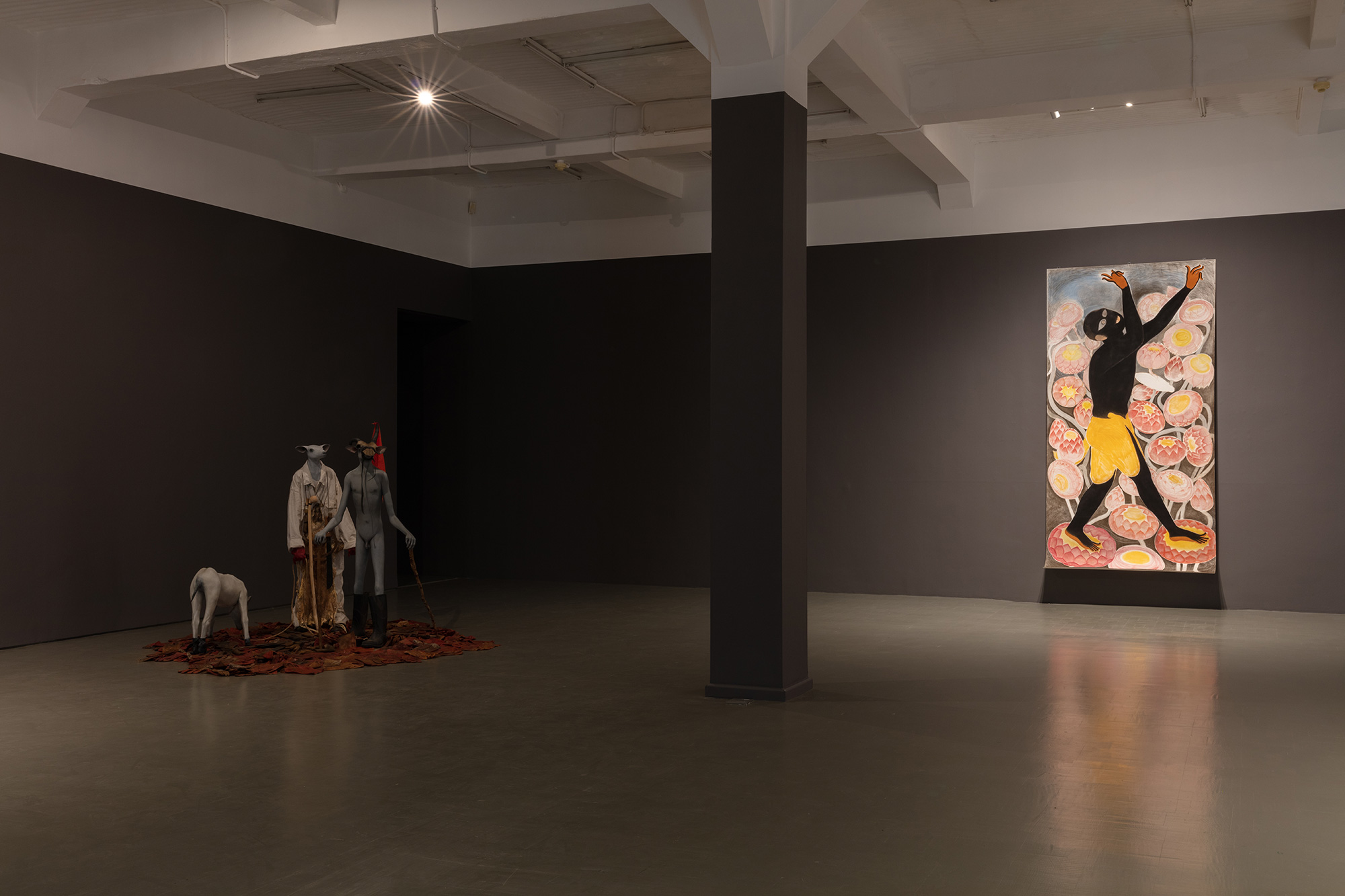 Installation view with (left) Jane Alexander, <em>Harbinger</em> (2004) with <em>ghost</em> (2007) and <em>hobbled ruminant</em> (2003-04); (right) Shine Shivan, <em>Nandan</em>