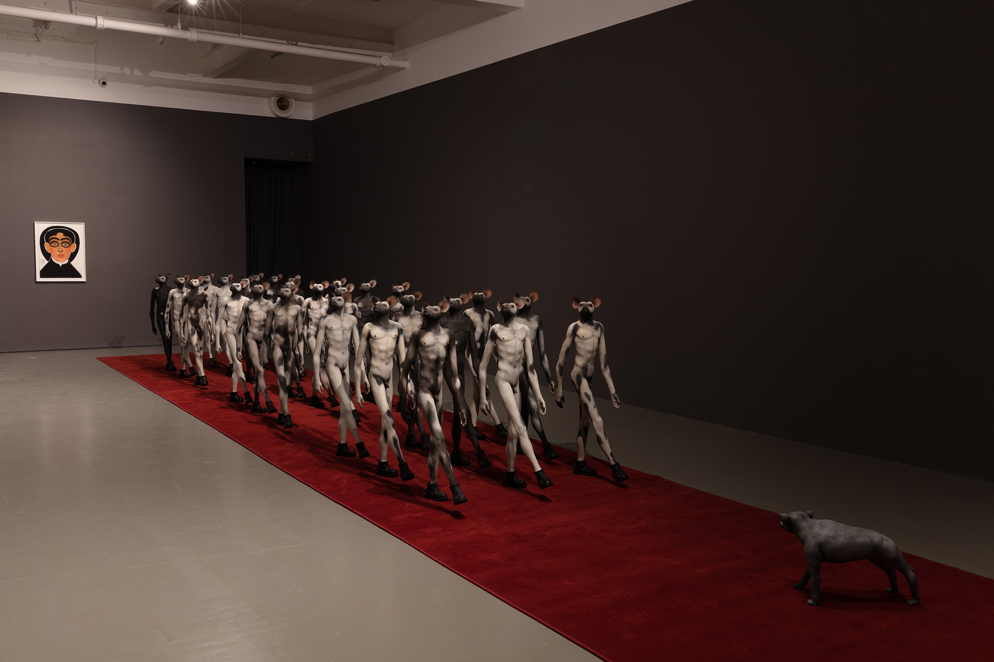 Installation view with Shine Shivan, <em>Study of form</em> series; Jane Alexander, <em>Infantry with beast</em> (2012)