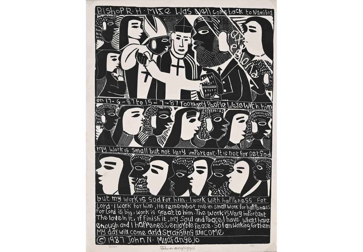 John Muafangejo - Bishop R.H. Mize was well come back to Namibia, 1991