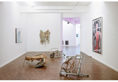 Installation view with works by Penny Siopis, Turiya Magadlela, Igshaan Adams and Barthélémy Toguo, Stevenson, Johannesburg