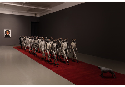 Installation view with Shine Shivan, <em>Study of form</em> series; Jane Alexander, <em>Infantry with beast</em> (2012)